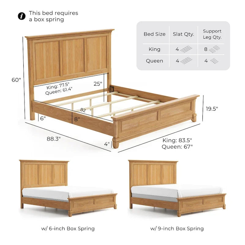 Farmhouse Rubberwood Panel Bed with Pecan Veneer and Plank Headboard