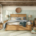 Farmhouse Rubberwood Panel Bed with Pecan Veneer and Plank Headboard