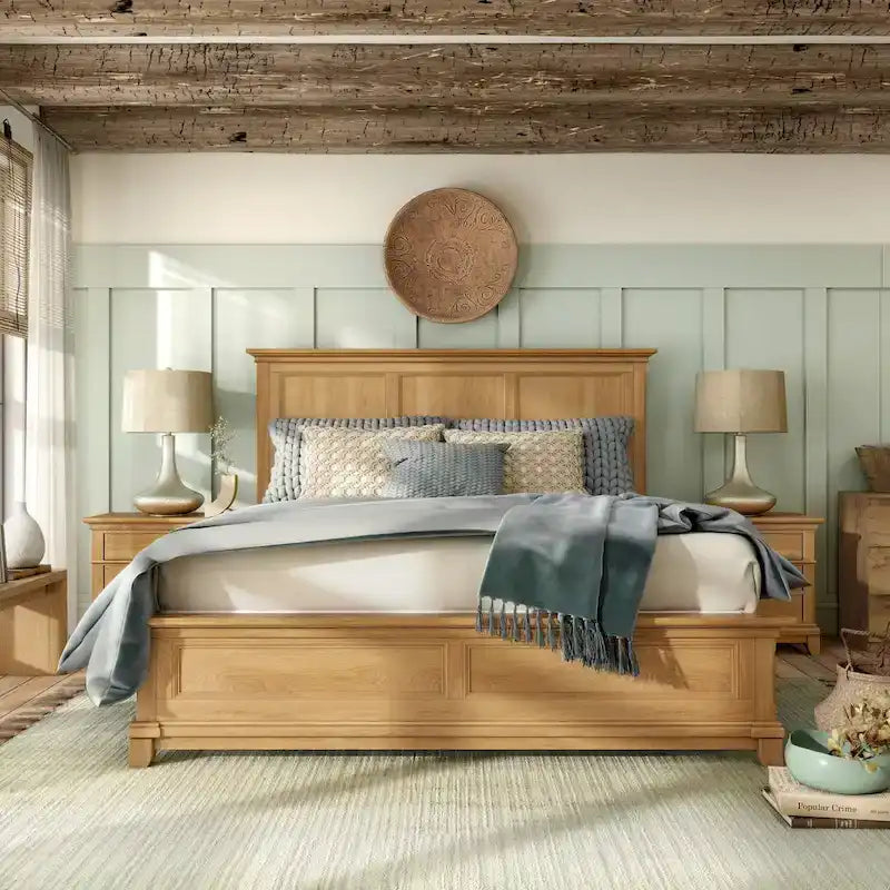 Farmhouse Rubberwood Panel Bed with Pecan Veneer and Plank Headboard