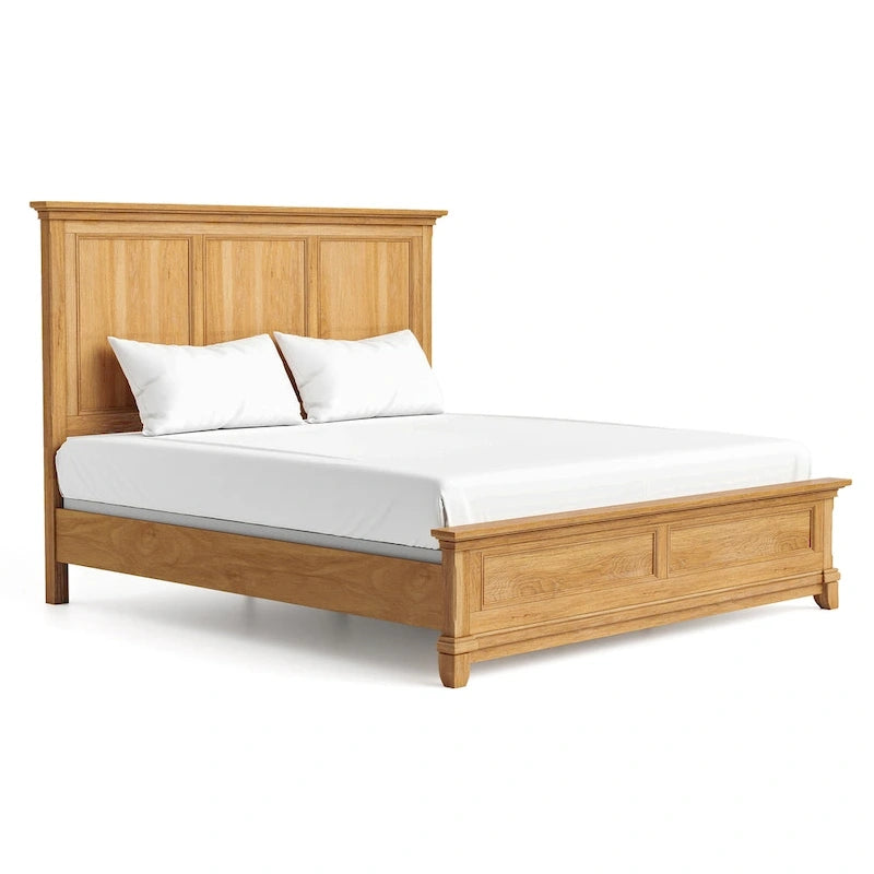 Farmhouse Rubberwood Panel Bed with Pecan Veneer and Plank Headboard