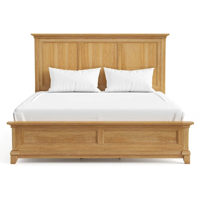 Farmhouse Rubberwood Panel Bed with Pecan Veneer and Plank Headboard