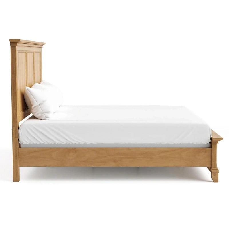 Farmhouse Rubberwood Panel Bed with Pecan Veneer and Plank Headboard