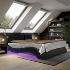 Faux Leather Upholstered Platform Bed with LED Lighting and Wood Slat Support