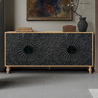 62.99 Accent TV Stand Cabinet with Carved Pattern Door, Storage Shelf, and Solid Wood Leg for Living Room