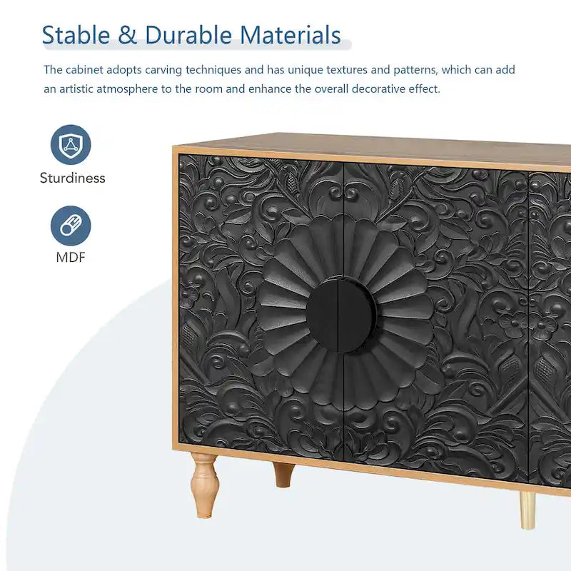 62.99 Accent TV Stand Cabinet with Carved Pattern Door, Storage Shelf, and Solid Wood Leg for Living Room