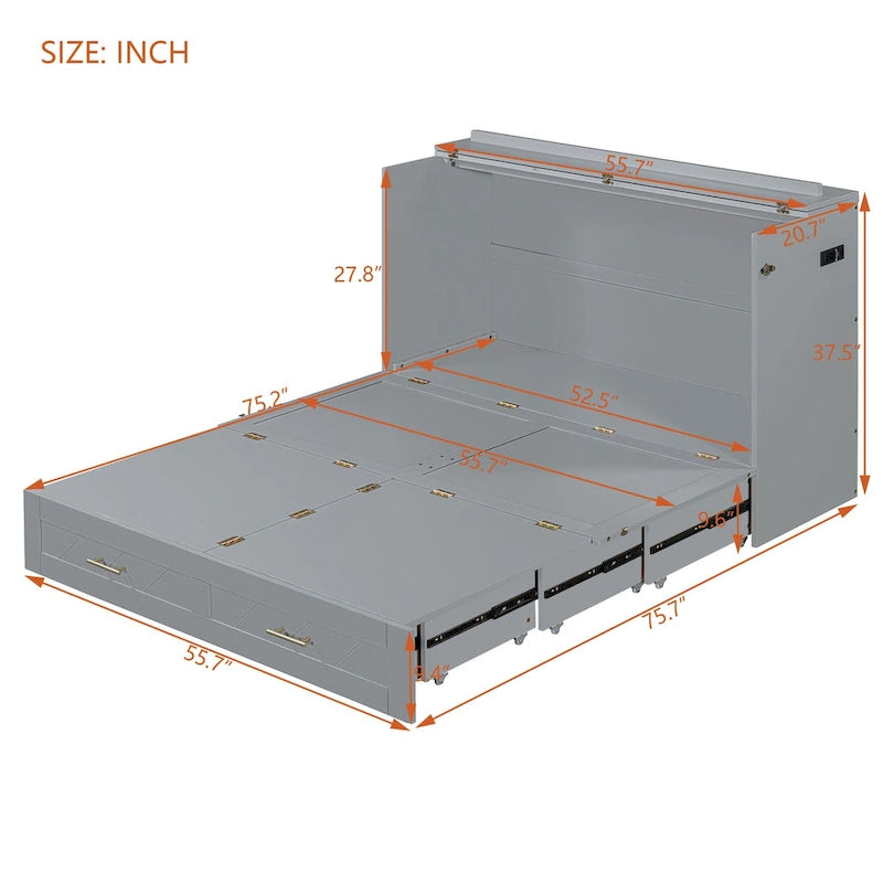 Murphy Bed with Storage Shelf, Desk, Outlets and USB Ports
