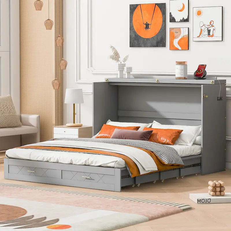 Murphy Bed with Storage Shelf, Desk, Outlets and USB Ports