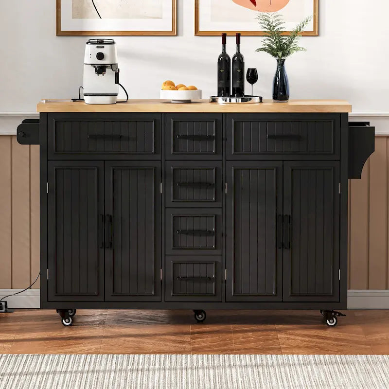 56.5 Kitchen Island with Drop Leaf and Charging Station, Rolling Kitchen Cart on Wheels with Drawers and Adjustable Shelves