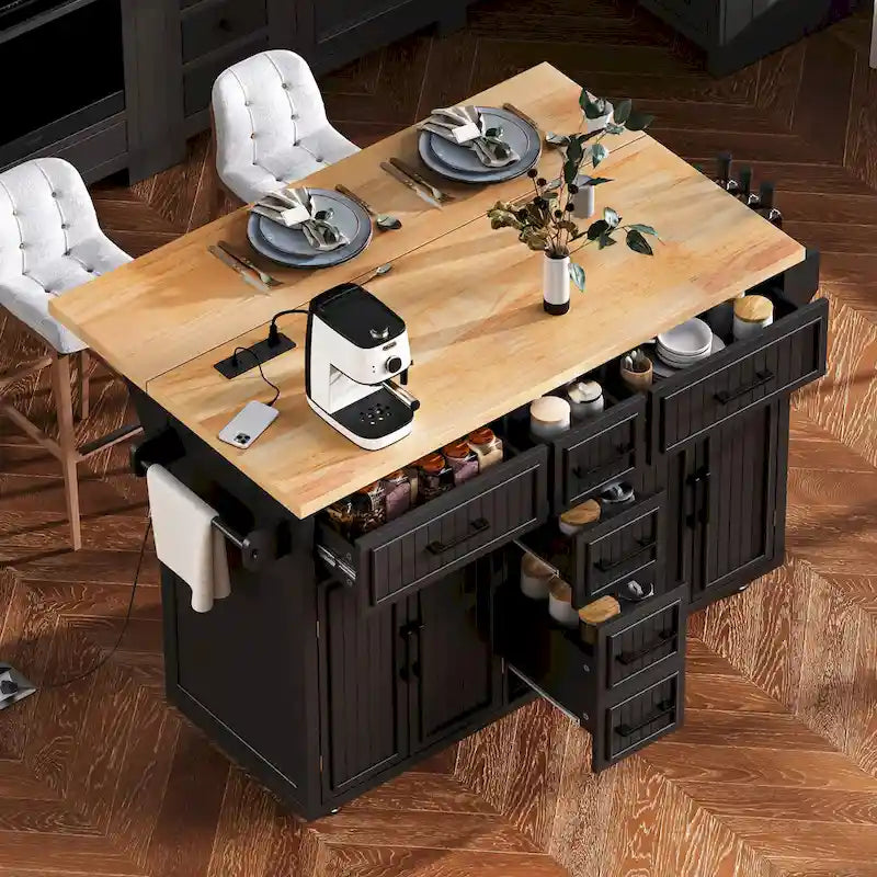 56.5 Kitchen Island with Drop Leaf and Charging Station, Rolling Kitchen Cart on Wheels with Drawers and Adjustable Shelves