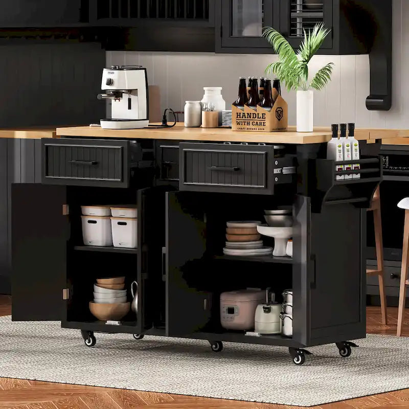 56.5 Kitchen Island with Drop Leaf and Charging Station, Rolling Kitchen Cart on Wheels with Drawers and Adjustable Shelves