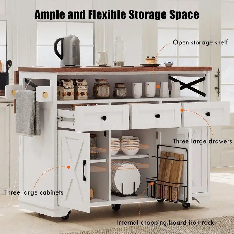 Farmhouse 46.5 Kitchen Island with Power Outlet, Rolling Kitchen Cart on Wheels with Drop Leaf
