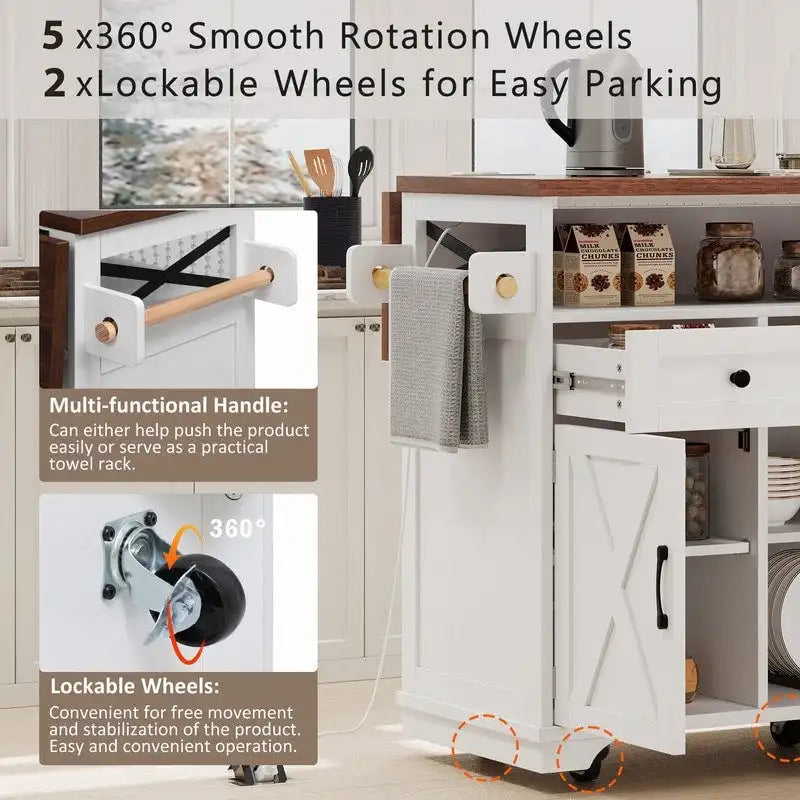 Farmhouse 46.5 Kitchen Island with Power Outlet, Rolling Kitchen Cart on Wheels with Drop Leaf