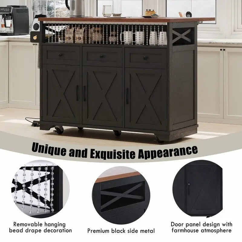 Farmhouse 46.5 Kitchen Island with Power Outlet, Rolling Kitchen Cart on Wheels with Drop Leaf