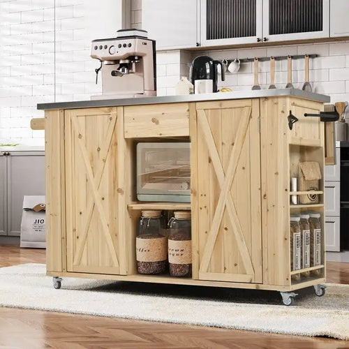 52.25 Outdoor Kitchen Island with Stainless Steel Top, Ample Storage Space, Towel and Spice Racks and a Bottle Opener
