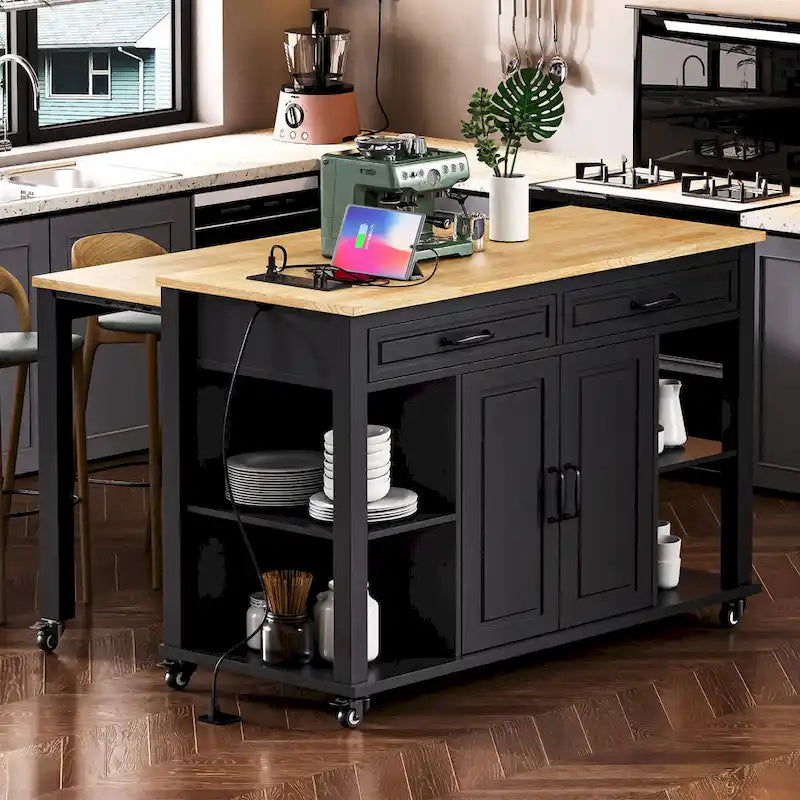 Extendable Kitchen Island on Wheels, Rolling Mobile Kitchen Cart, Bar Cabinet with Internal Storage Rack, 2 Drawers & 2 Cabinet