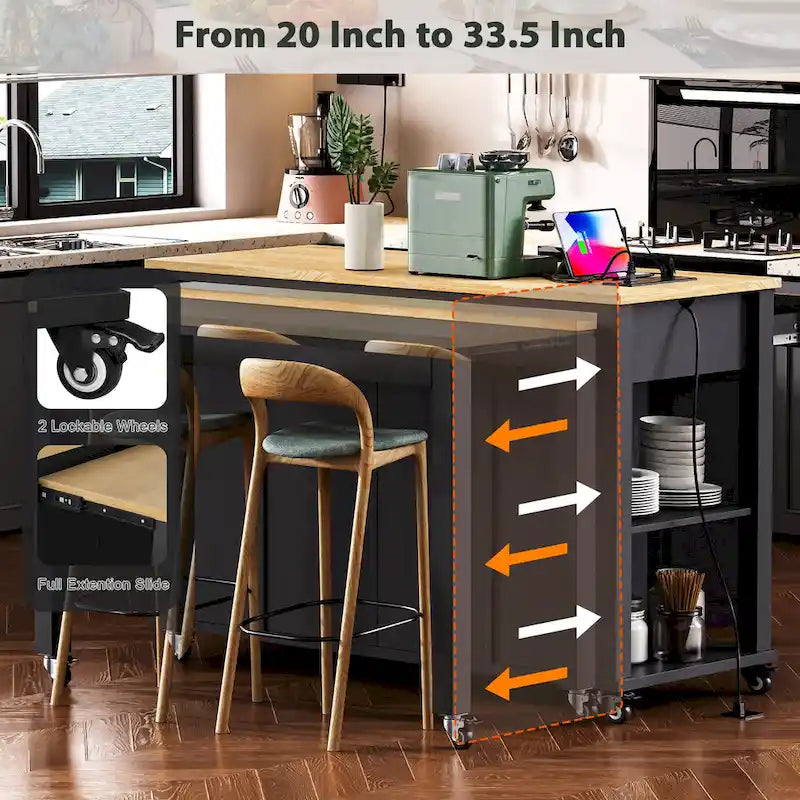 Extendable Kitchen Island on Wheels, Rolling Mobile Kitchen Cart, Bar Cabinet with Internal Storage Rack, 2 Drawers & 2 Cabinet