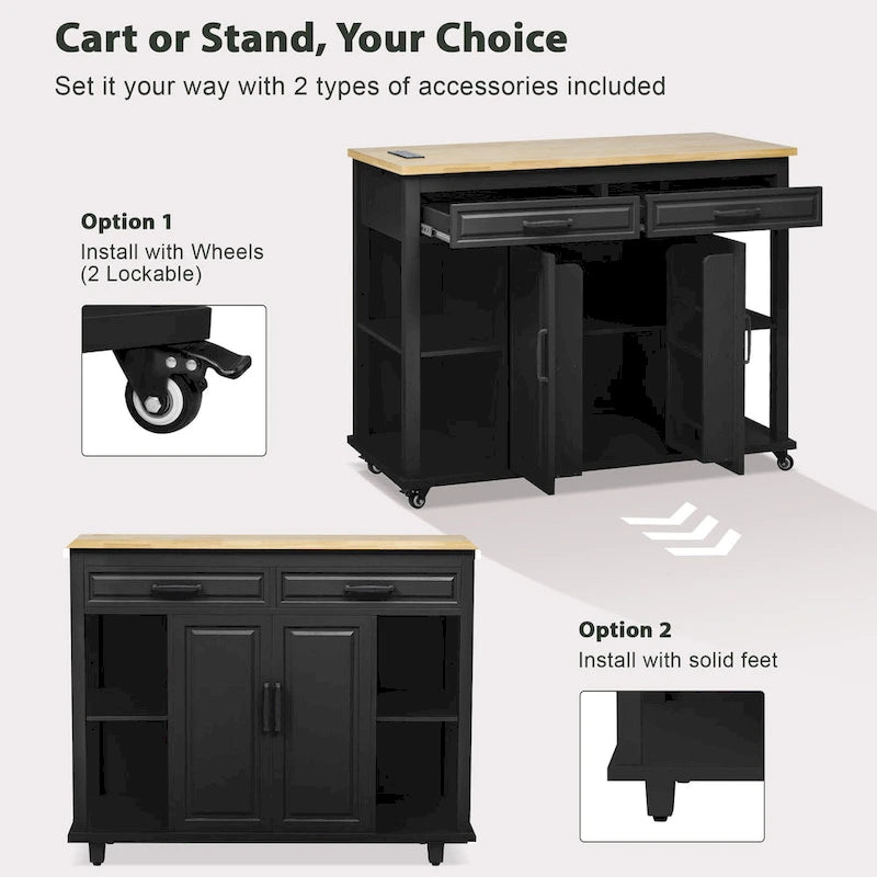 Extendable Kitchen Island on Wheels, Rolling Mobile Kitchen Cart, Bar Cabinet with Internal Storage Rack, 2 Drawers & 2 Cabinet