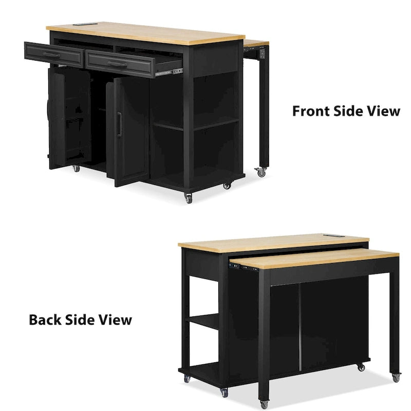 Extendable Kitchen Island on Wheels, Rolling Mobile Kitchen Cart, Bar Cabinet with Internal Storage Rack, 2 Drawers & 2 Cabinet