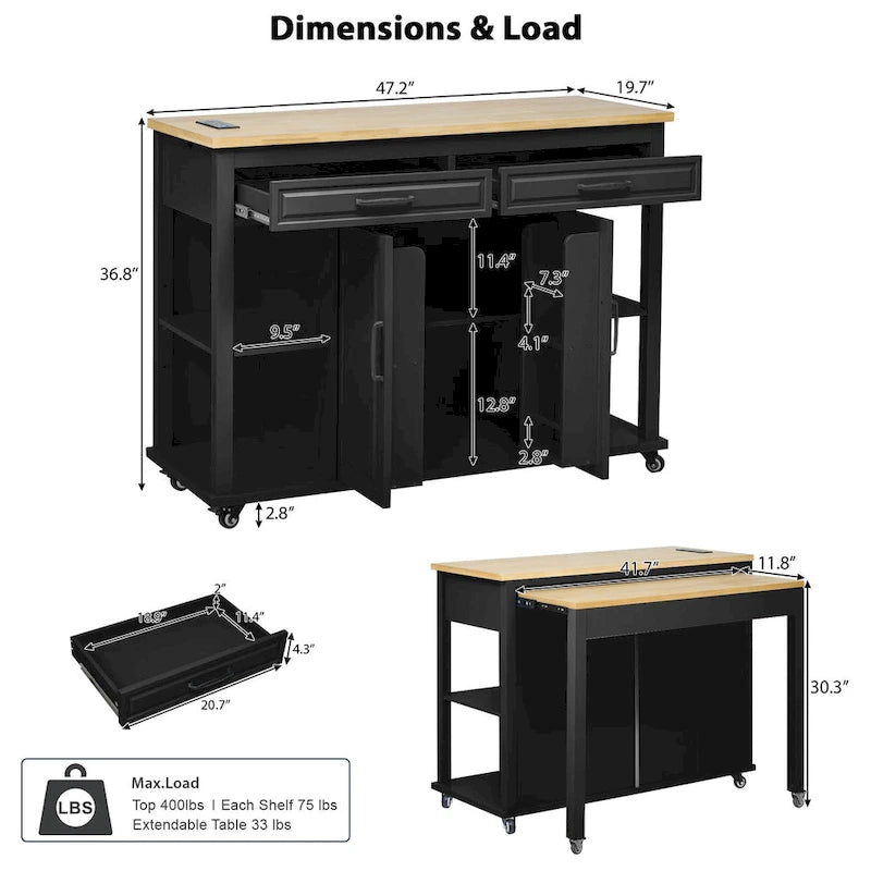 Extendable Kitchen Island on Wheels, Rolling Mobile Kitchen Cart, Bar Cabinet with Internal Storage Rack, 2 Drawers & 2 Cabinet