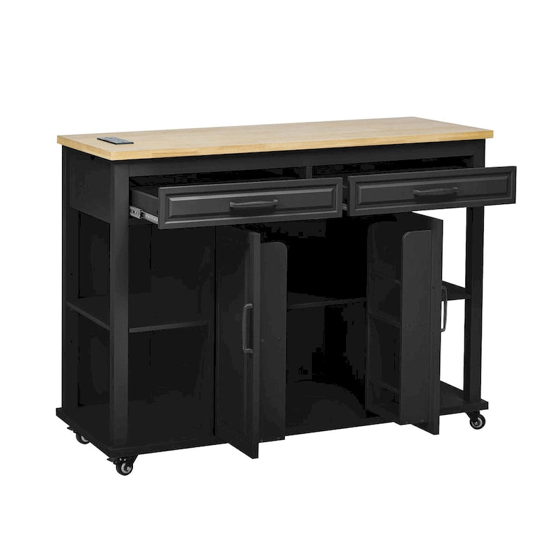 Extendable Kitchen Island on Wheels, Rolling Mobile Kitchen Cart, Bar Cabinet with Internal Storage Rack, 2 Drawers & 2 Cabinet