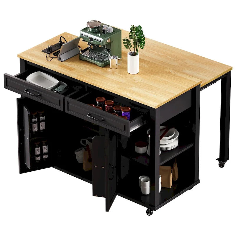 Extendable Kitchen Island on Wheels, Rolling Mobile Kitchen Cart, Bar Cabinet with Internal Storage Rack, 2 Drawers & 2 Cabinet