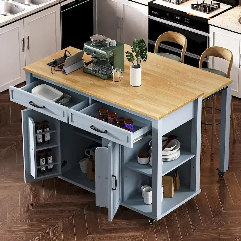 Extendable Kitchen Island on Wheels, Rolling Mobile Kitchen Cart, Bar Cabinet with Internal Storage Rack, 2 Drawers & 2 Cabinet