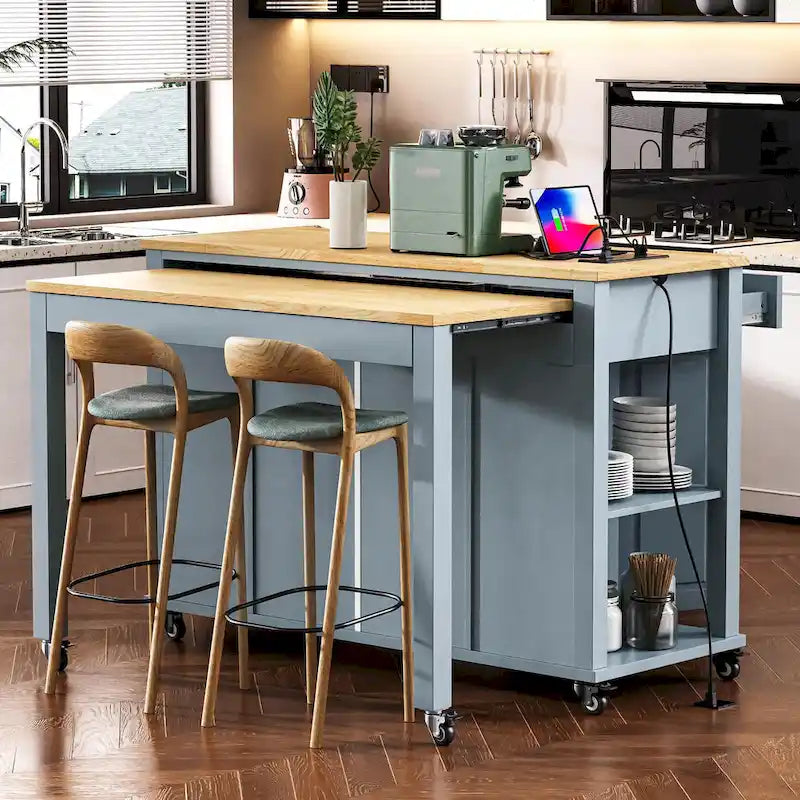 Extendable Kitchen Island on Wheels, Rolling Mobile Kitchen Cart, Bar Cabinet with Internal Storage Rack, 2 Drawers & 2 Cabinet