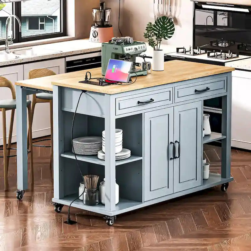 Extendable Kitchen Island on Wheels, Rolling Mobile Kitchen Cart, Bar Cabinet with Internal Storage Rack, 2 Drawers & 2 Cabinet