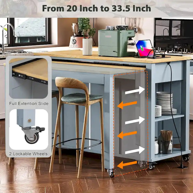 Extendable Kitchen Island on Wheels, Rolling Mobile Kitchen Cart, Bar Cabinet with Internal Storage Rack, 2 Drawers & 2 Cabinet