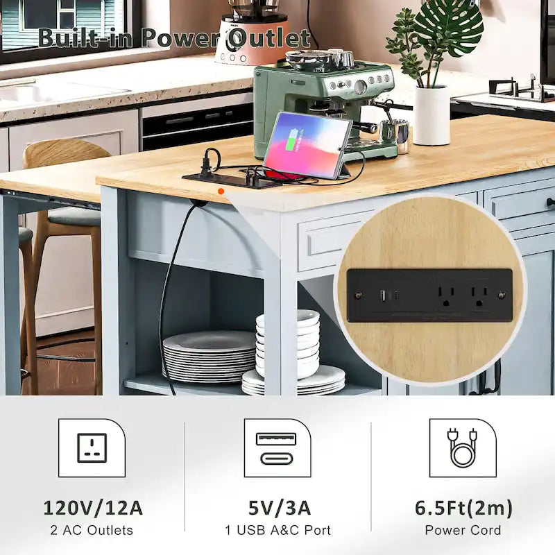 Extendable Kitchen Island on Wheels, Rolling Mobile Kitchen Cart, Bar Cabinet with Internal Storage Rack, 2 Drawers & 2 Cabinet