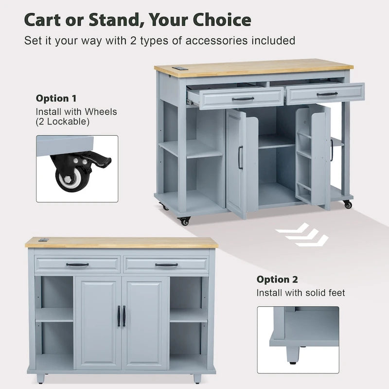 Extendable Kitchen Island on Wheels, Rolling Mobile Kitchen Cart, Bar Cabinet with Internal Storage Rack, 2 Drawers & 2 Cabinet