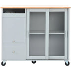 LED Light Kitchen Island Cart, Drop Leaf Breakfast Bar on Wheels, Bar Cabinet with 2 Drawers, 2 Glass Doors & 1 Flip Cabinet