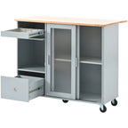 LED Light Kitchen Island Cart, Drop Leaf Breakfast Bar on Wheels, Bar Cabinet with 2 Drawers, 2 Glass Doors & 1 Flip Cabinet