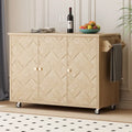 Solid Wood Handwoven Kitchen Island, Kitchen Island Cart on Wheels, Rolling Island Cart with Drop Leaf & Internal Storage Rack