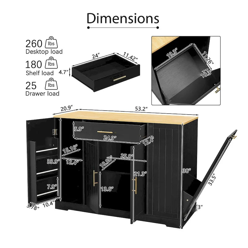 Kitchen Island with Tilt Out Trash Can Holder, Mobile Islands Table with Drawer, Adjustable Shelves & 3 Layer Open Side Racks