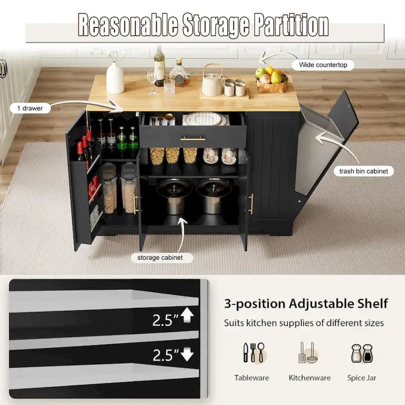 Kitchen Island with Tilt Out Trash Can Holder, Mobile Islands Table with Drawer, Adjustable Shelves & 3 Layer Open Side Racks