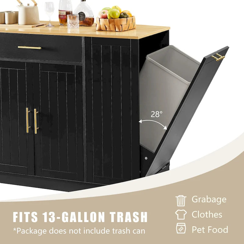 Kitchen Island with Tilt Out Trash Can Holder, Mobile Islands Table with Drawer, Adjustable Shelves & 3 Layer Open Side Racks