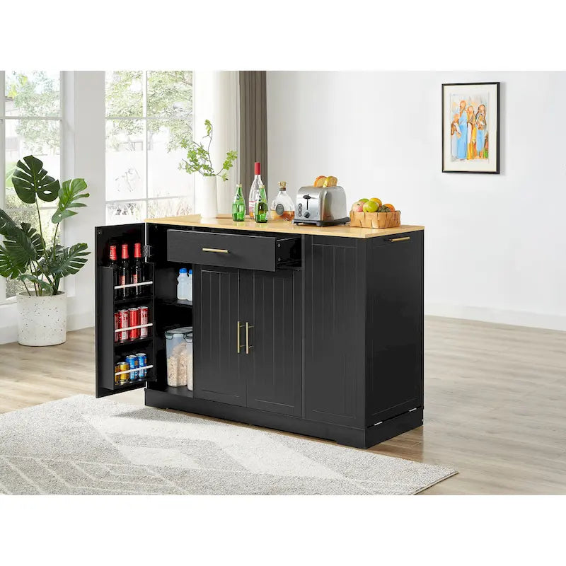 Kitchen Island with Tilt Out Trash Can Holder, Mobile Islands Table with Drawer, Adjustable Shelves & 3 Layer Open Side Racks