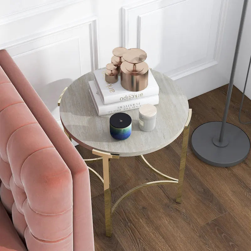 Glam 24-inch Round Faux Marble End Table with Champagne Metal Base