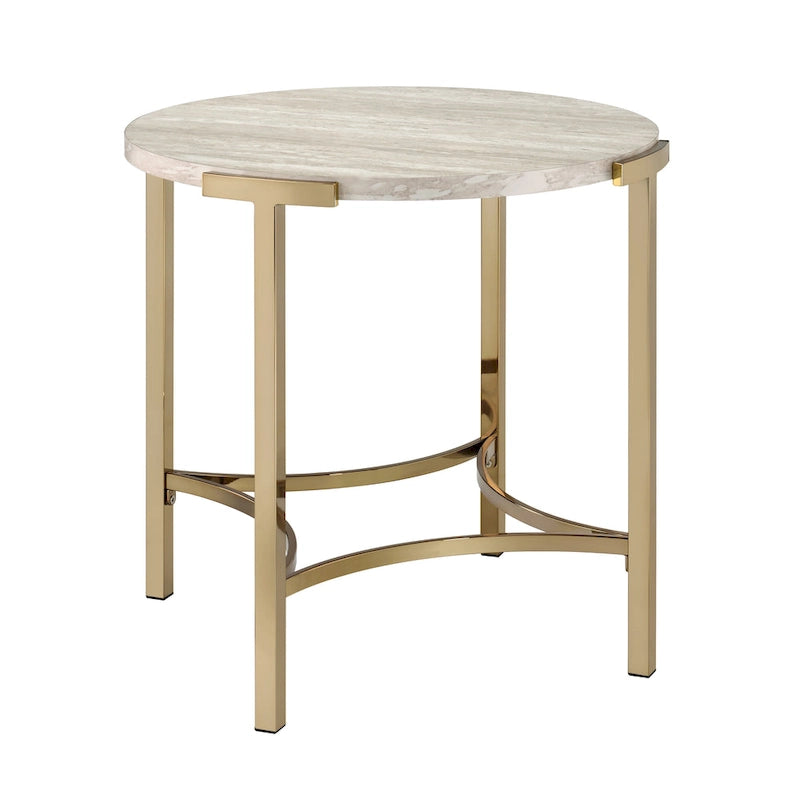 Glam 24-inch Round Faux Marble End Table with Champagne Metal Base