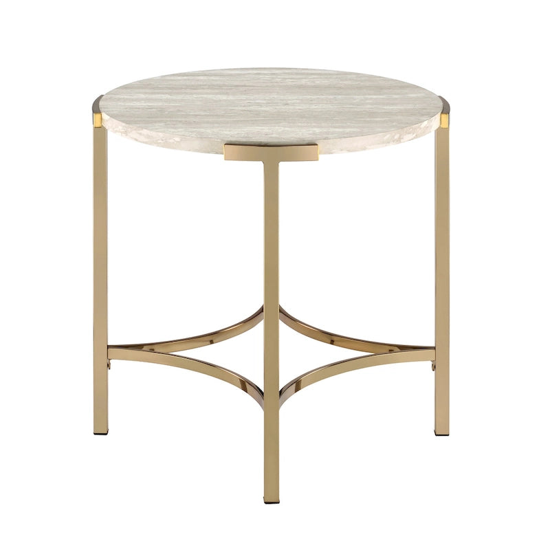 Glam 24-inch Round Faux Marble End Table with Champagne Metal Base