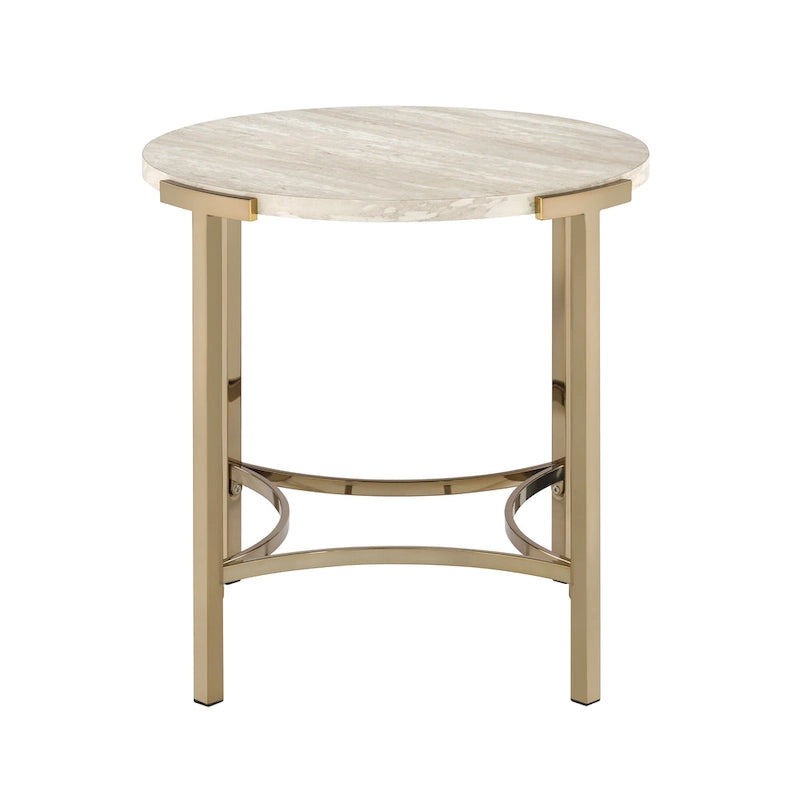 Glam 24-inch Round Faux Marble End Table with Champagne Metal Base