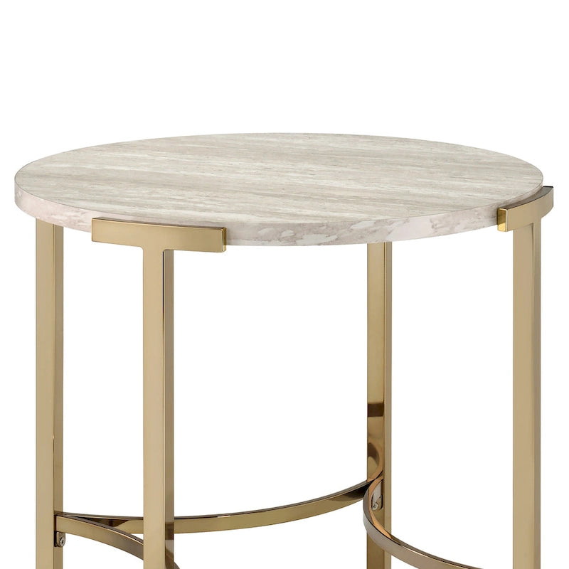 Glam 24-inch Round Faux Marble End Table with Champagne Metal Base