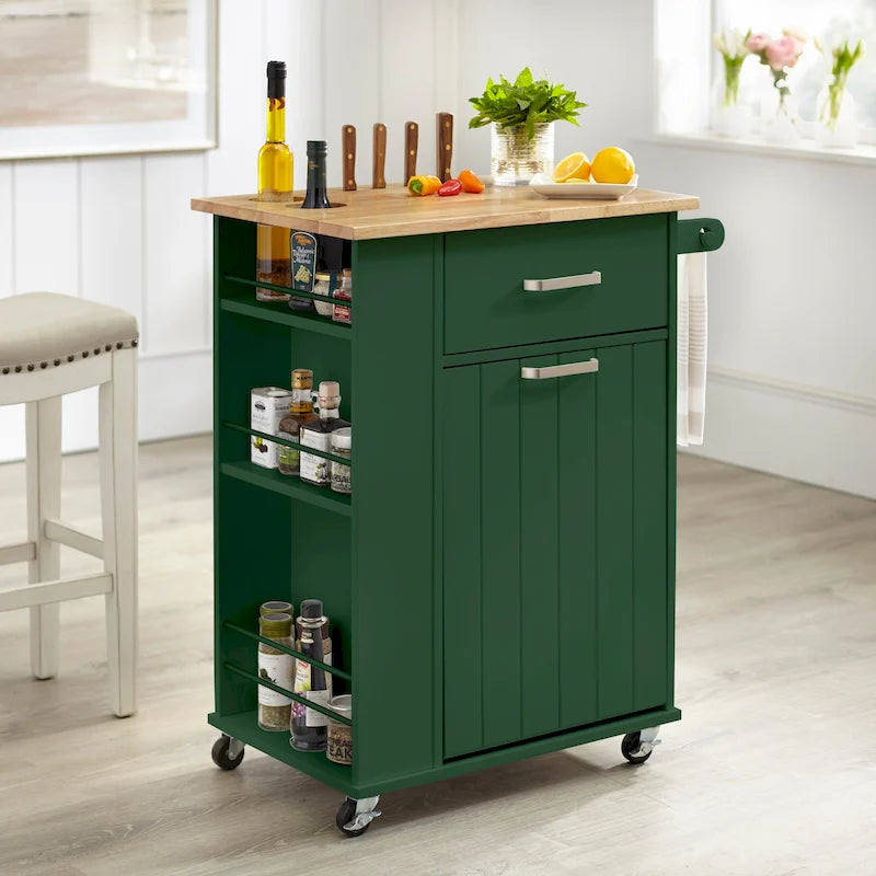 Rolling Kitchen Cart with Trash Bin Holder, Spice Rack and Drawer