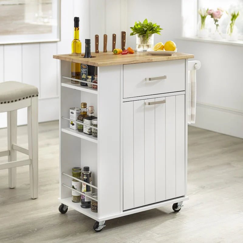 Rolling Kitchen Cart with Trash Bin Holder, Spice Rack and Drawer
