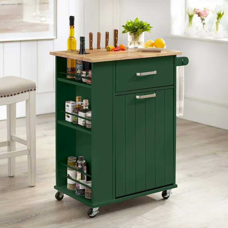 Rolling Kitchen Cart with Trash Bin Holder, Spice Rack and Drawer