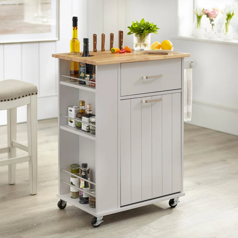 Rolling Kitchen Cart with Trash Bin Holder, Spice Rack and Drawer