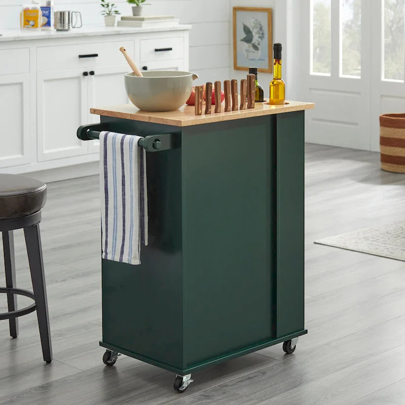 Rolling Kitchen Cart with Trash Bin Holder, Spice Rack and Drawer