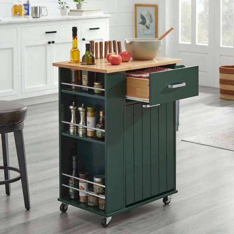 Rolling Kitchen Cart with Trash Bin Holder, Spice Rack and Drawer