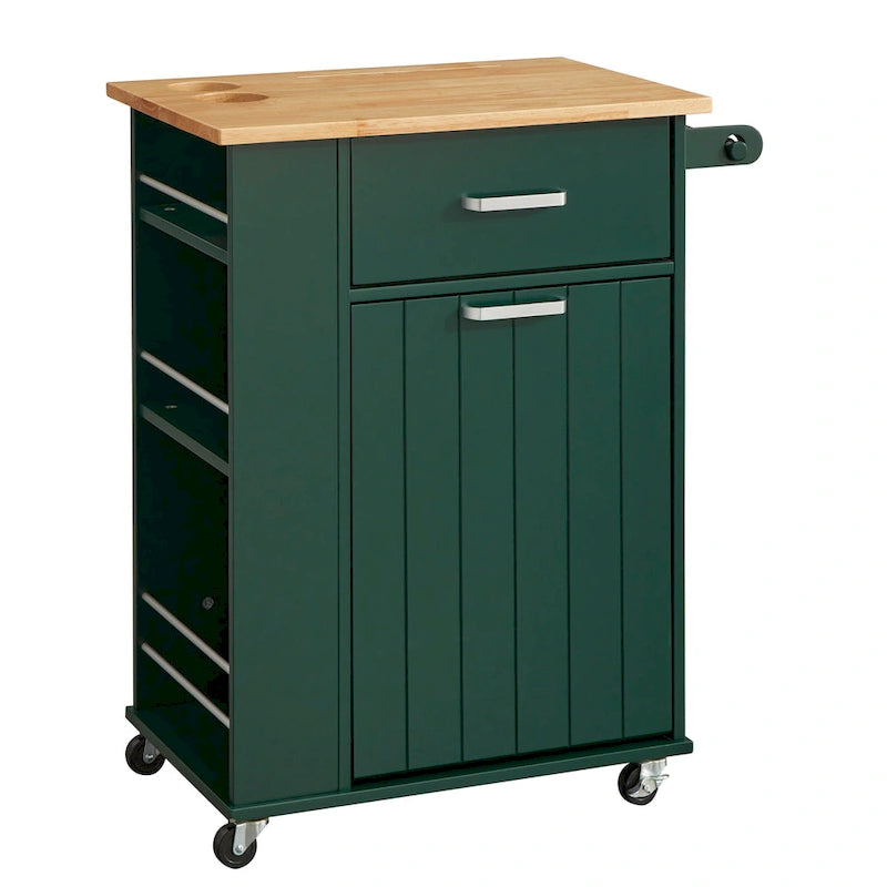 Rolling Kitchen Cart with Trash Bin Holder, Spice Rack and Drawer